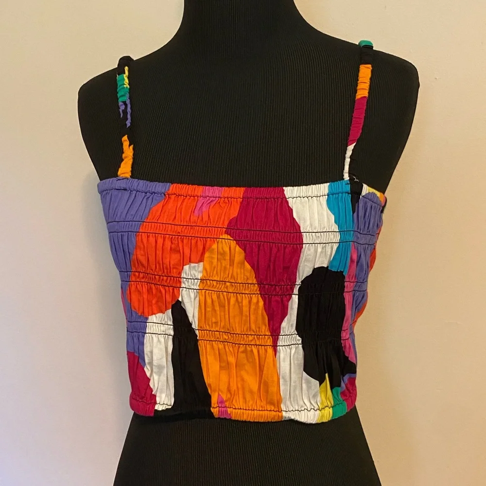 A New Day Multicolored Cotton Smocked Cropped Top Size L NEW